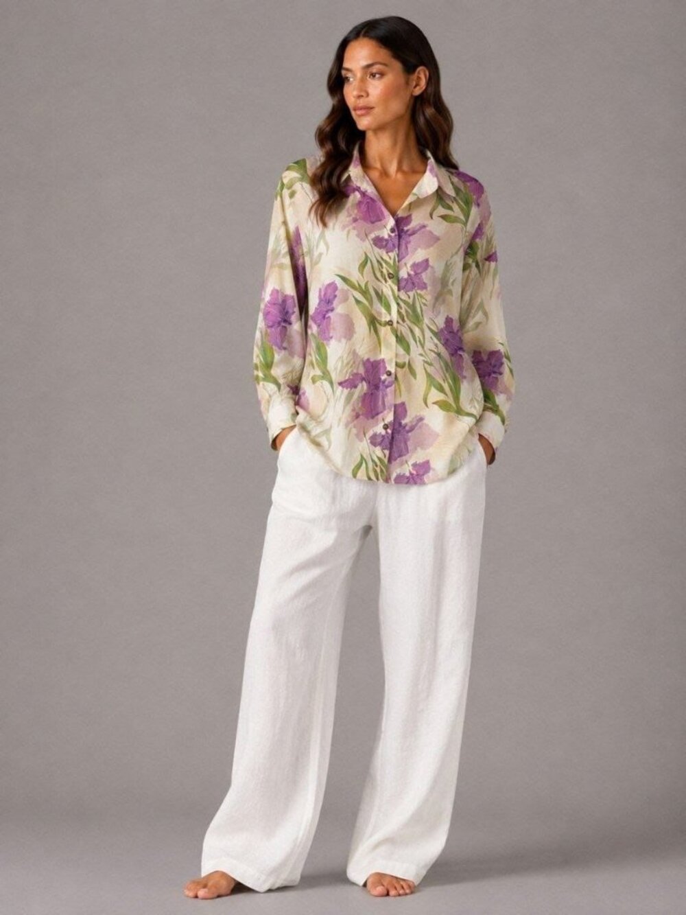 Women’s Floral Cotton & Viscose Button-Up Long Shirt Tunic – Purple Iris Size L